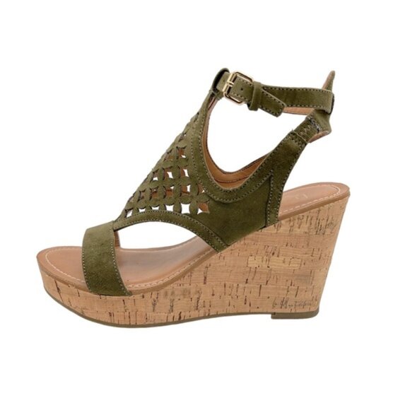 Franco Sarto Womens 7.5 Green Suede Platform Wedge Cut Out Sandals Ankle Strap - Picture 1 of 9